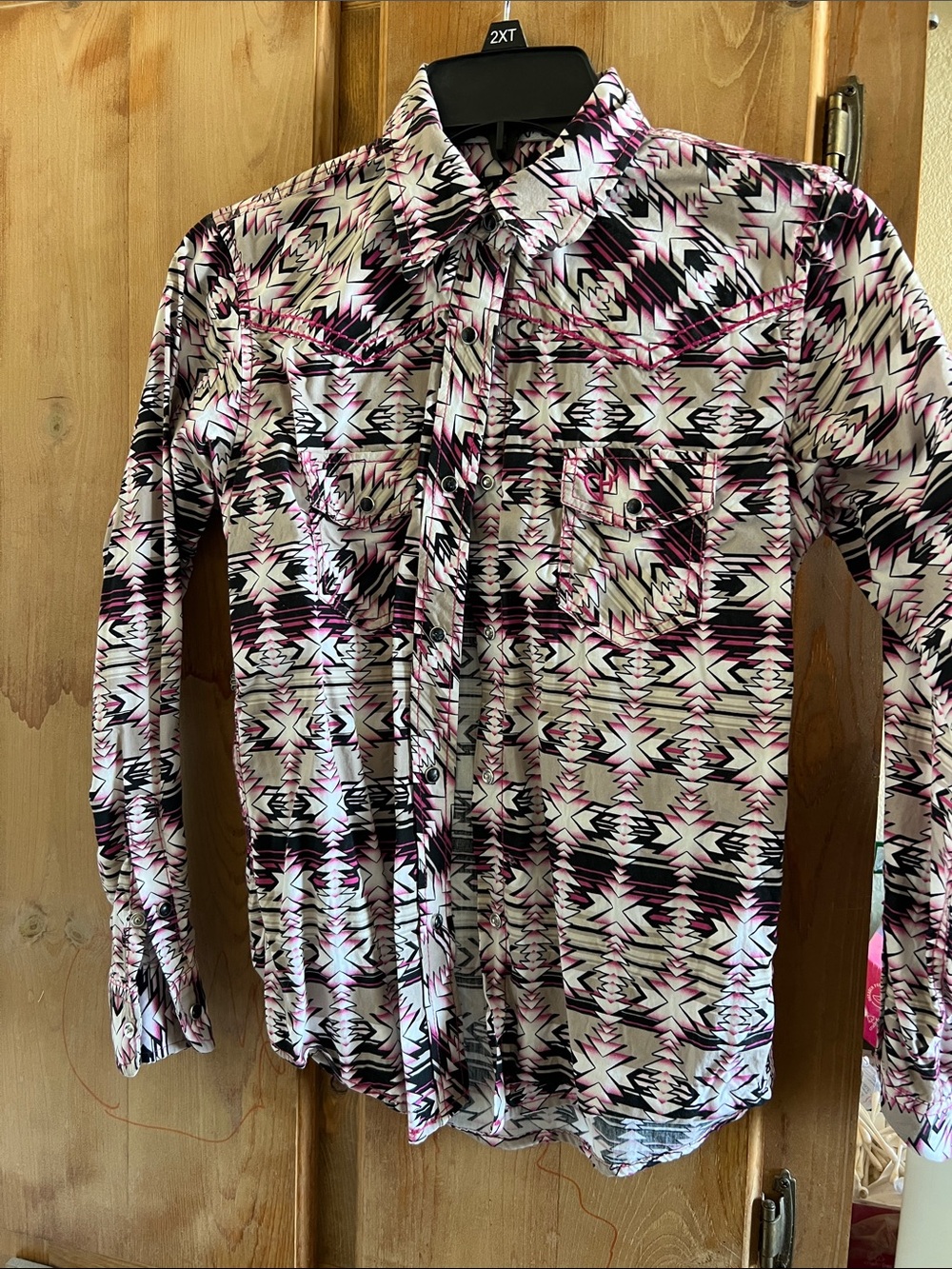 Kids' Aztec Print Button-Down Shirt in Black, White & Pink